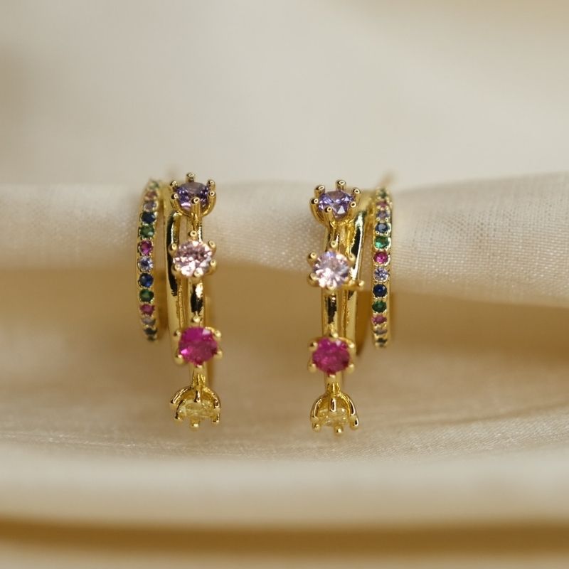 OMI-RAINBOW-EAR 4 өнгийн Шигтгээтэй Цагирган Ээмэг - 18K Алтан Бүрмэл - Image 1